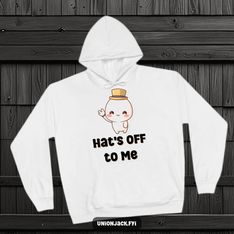 Funny hoodie featuring a cute character in a tiny top hat, cheerfully waving, offering warmth and a dose of dapper charm.