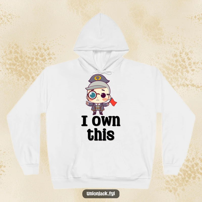 Funny hoodie featuring a character wearing a monocle, proudly holding a small flag, offering cozy sophistication and a touch of playful pride.