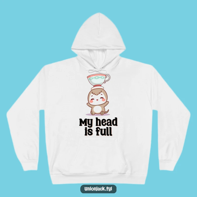 Funny Teacup Head Balance Hoodie - Cozy Comedic Character Warm Gift