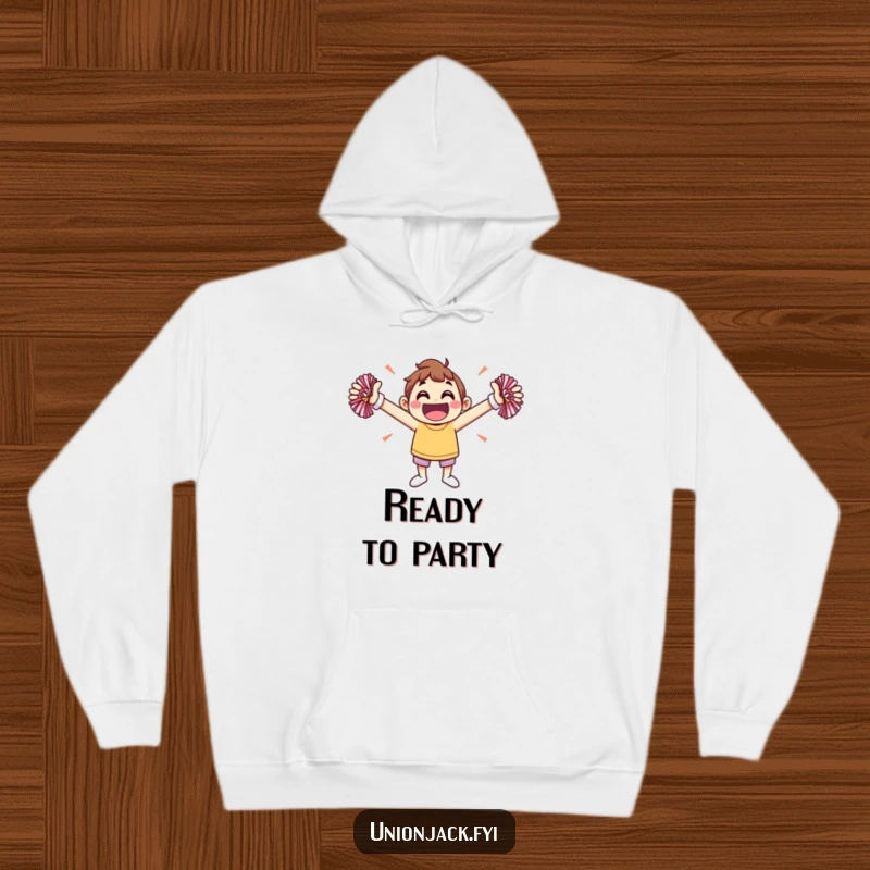 Funny hoodie featuring a jovial character with arms spread wide, cheering energetically with colorful pom-poms.