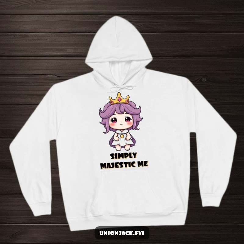 Funny hoodie with a character wearing a tiny crown and exuding a regal air, offering cozy and majestic style.