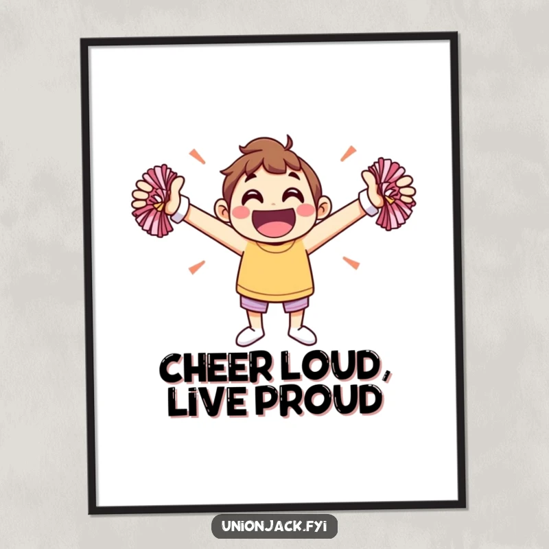 Funny Free Printable Wall Art: A jovial character cheers enthusiastically with outstretched arms and pom-poms, full of life.