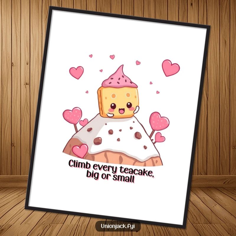 Funny Free Printable Wall Art: A determined biscuit character comically ascending a large teacake mountain, full of sweet, adventurous spirit.