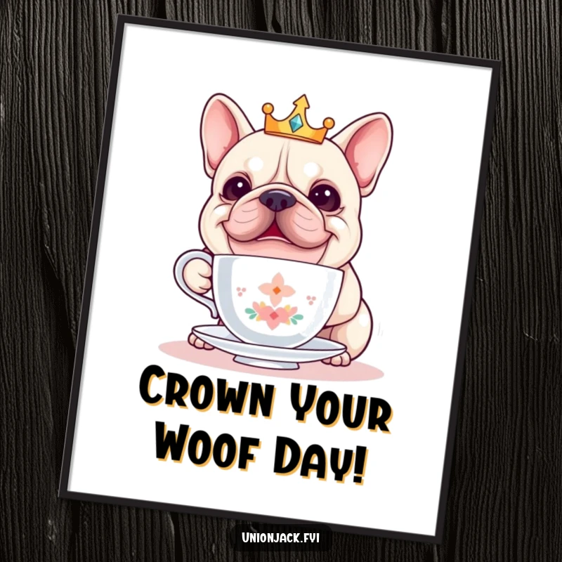 Funny free printable wall art: A cheerful bulldog wearing a tiny crown attempts to balance a teacup, creating whimsical decor.