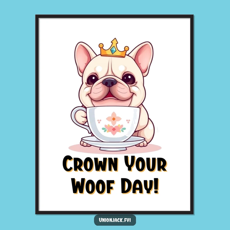 Free Printable Wall Art: Funny Bulldog Crown Teacup Balance, Quirky Downloadable Decor