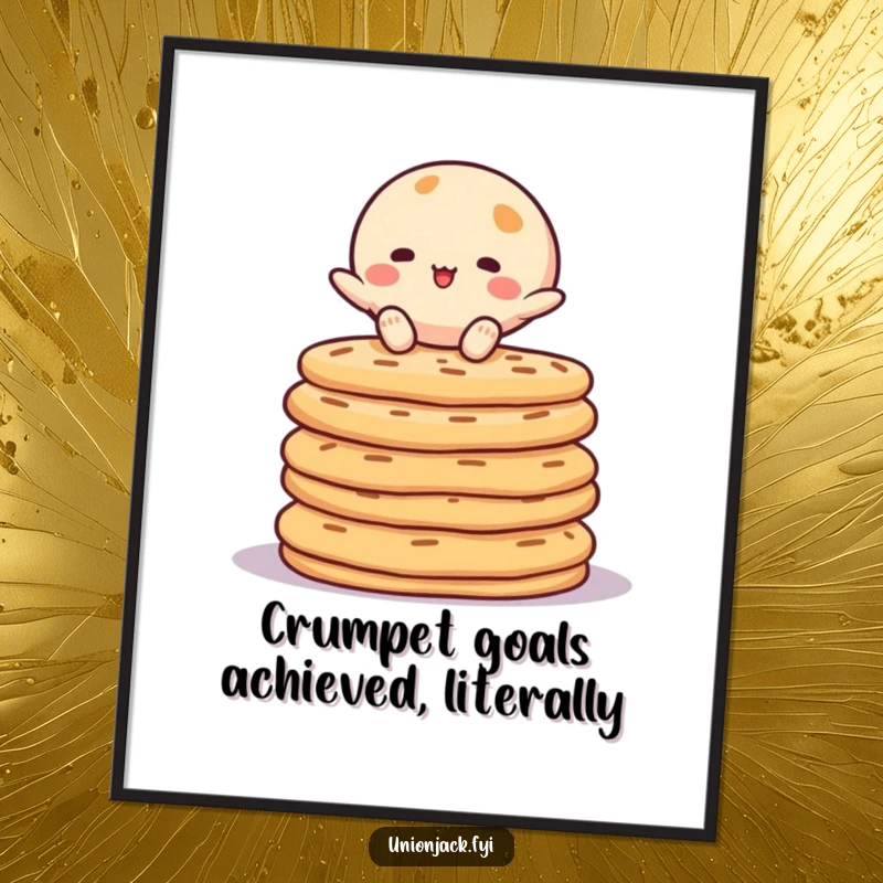 Funny Free Printable Wall Art depicting a character skillfully balancing atop a precarious stack of golden crumpets.