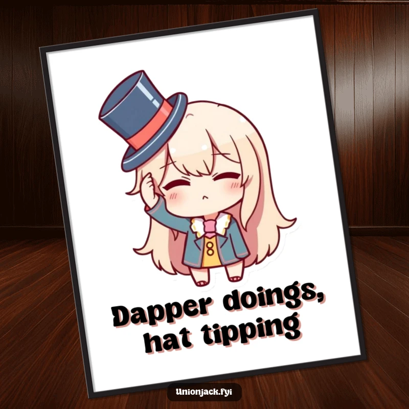 Funny Free Printable Wall Art: A character comically adjusting a tiny top hat while giving a sly wink, adding sophisticated humor.