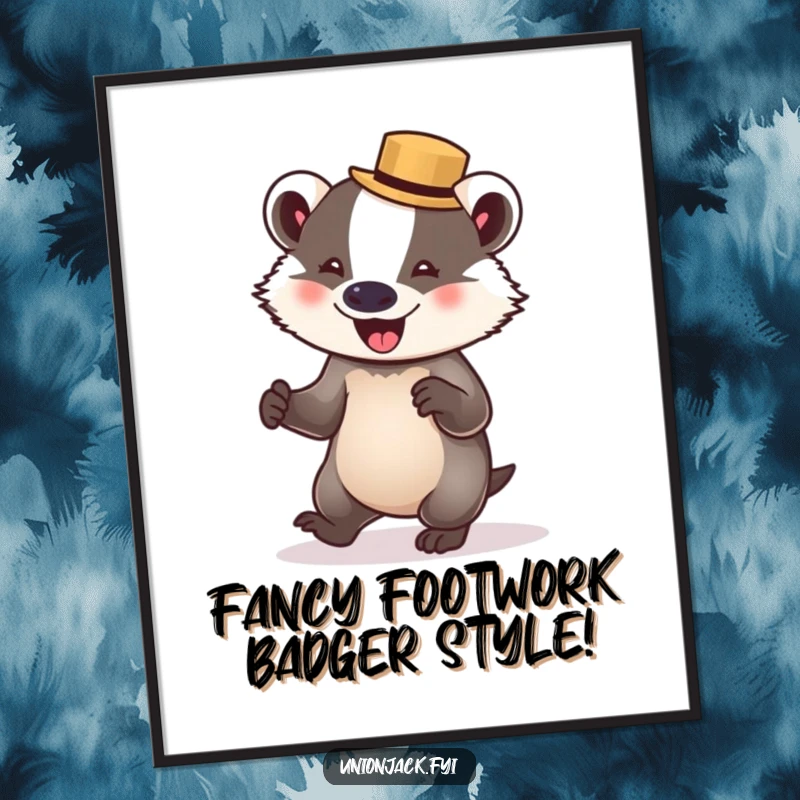 Funny free printable wall art: A delighted badger wearing a tiny bowler hat attempts to waltz across the floor.
