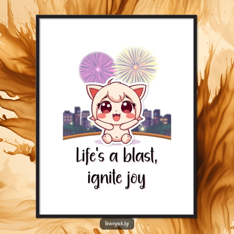 Funny Free Printable Wall Art: A cute character marvels at a colorful and dazzling fireworks display overhead.