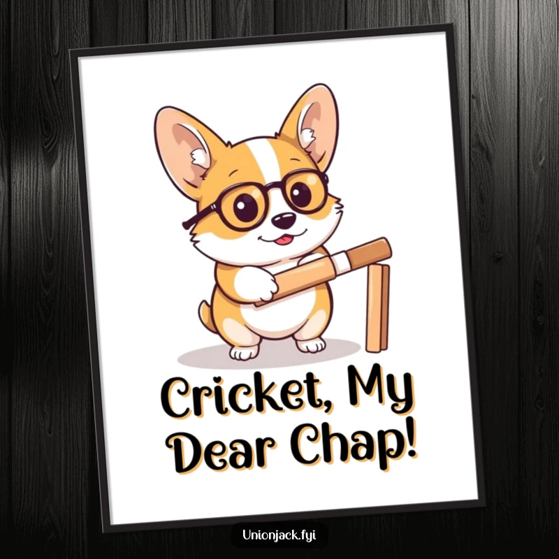 Funny free printable wall art: A determined corgi wearing a monocle intensely focuses on playing cricket, looking dapper.