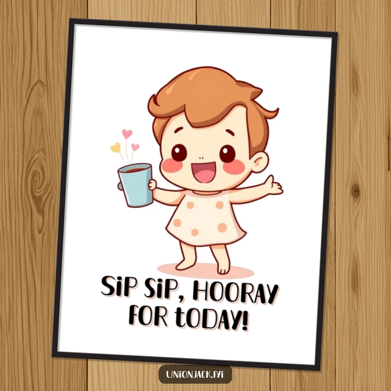 Funny Free Printable Wall Art: A happy character dances with a cup, a joyful and humorous piece of downloadable art.