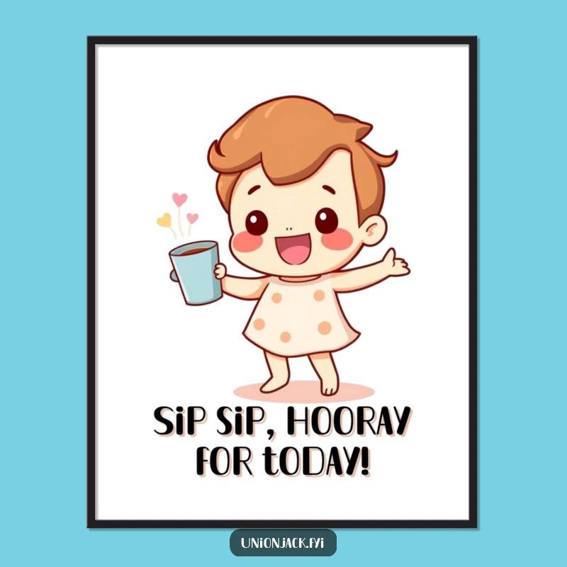 Free Printable Wall Art: Happy Dancing Character Cuppa Funny Downloadable Decor