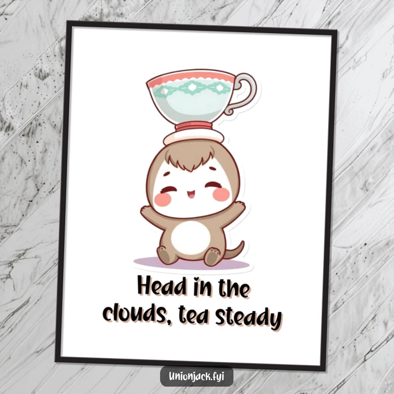Funny Free Printable Wall Art: Close-up of a smiling character with a teacup perfectly balanced on its head, bringing joy.