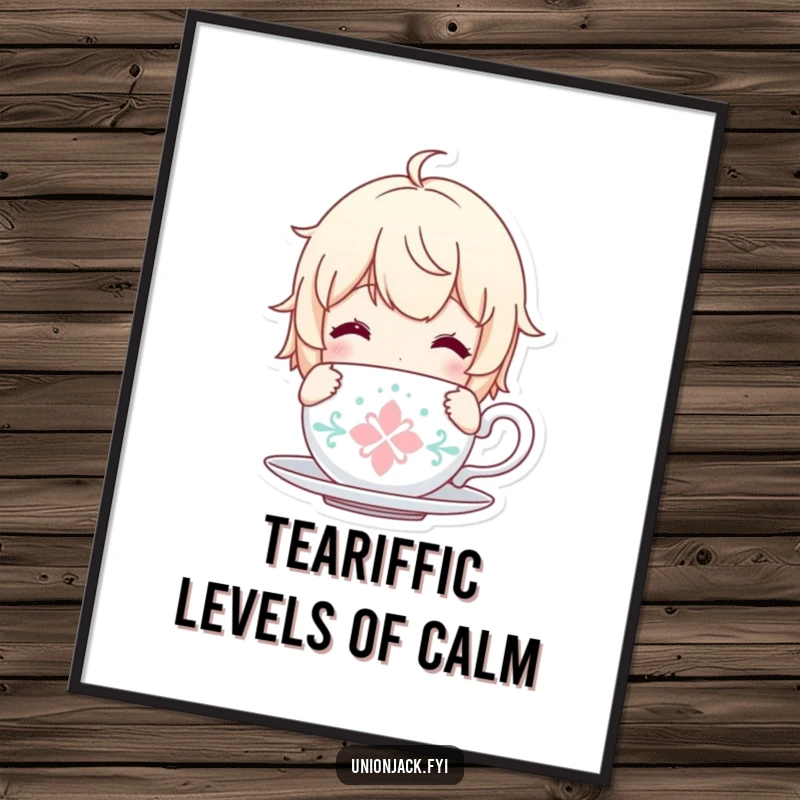 Funny Free Printable Wall Art: Character with a tea cup, looking content and peaceful, bringing calm vibes, a downloadable piece.