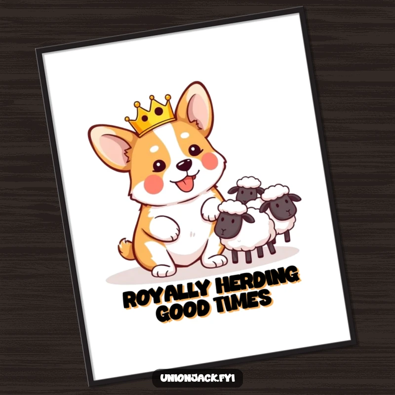 Funny Free Printable Wall Art: Playful Corgi Wearing a Miniature Crown Comically Herding Sheep