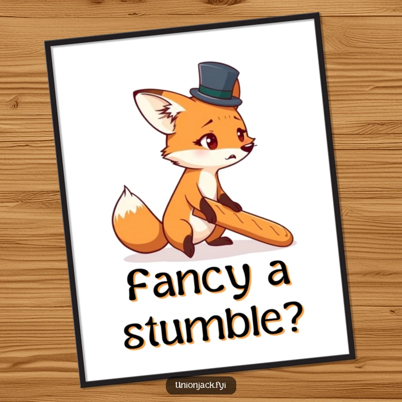 Funny Free Printable Wall Art: Startled Fox in Tiny Top Hat Comically Tripping Over a Baguette