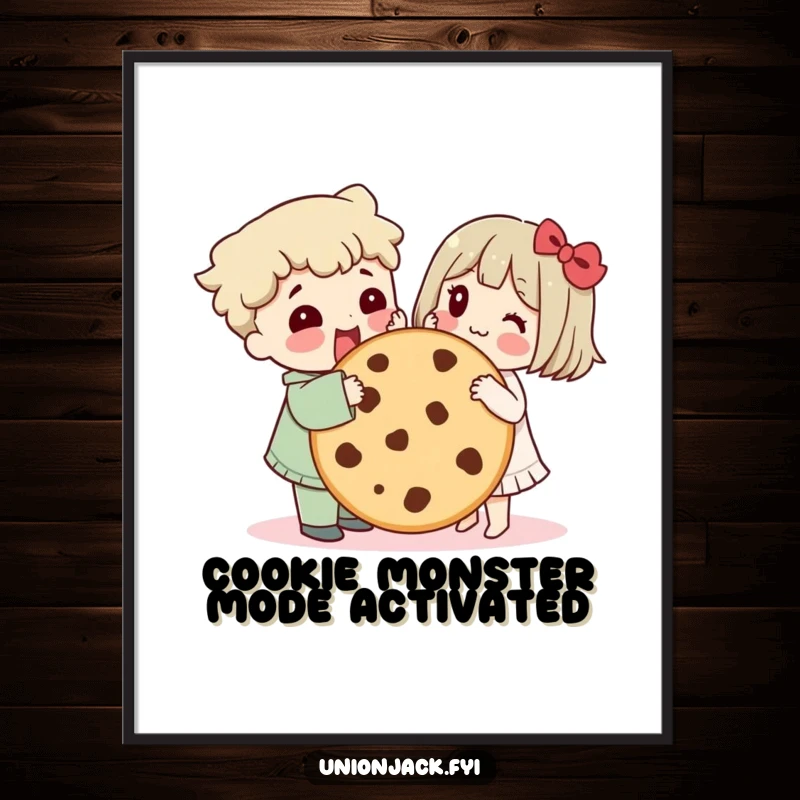 Funny free printable wall art: a character shares a giant cookie with a friend.