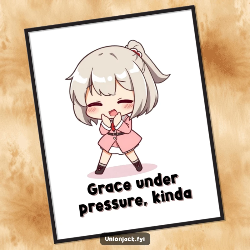 Free Printable Wall Art: Character comically trips while attempting a posh curtsey, a humorous and attention-grabbing piece.