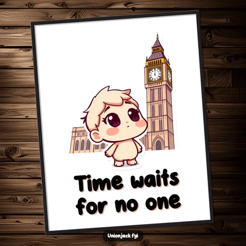 Funny Free Printable Wall Art: A curious character looks up at the iconic Big Ben clock tower with a questioning expression.