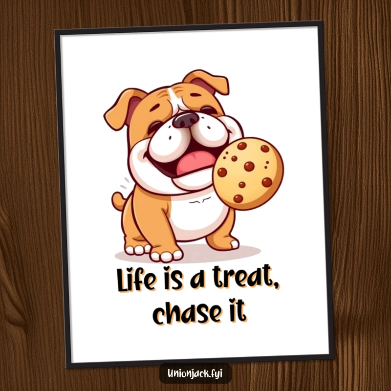 Funny Free Printable Wall Art: A cheerful bulldog comically trying to catch a bouncing scone, capturing a moment of playful chaos.