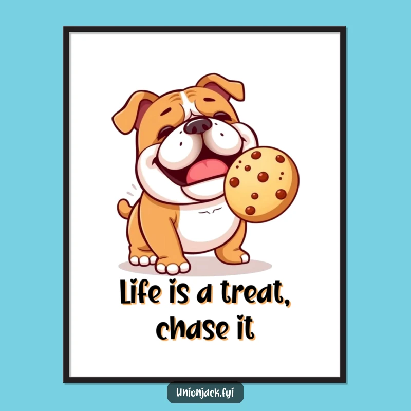 Free Printable Wall Art: Cheerful Bulldog Fetching Scone - Funny Downloadable Art