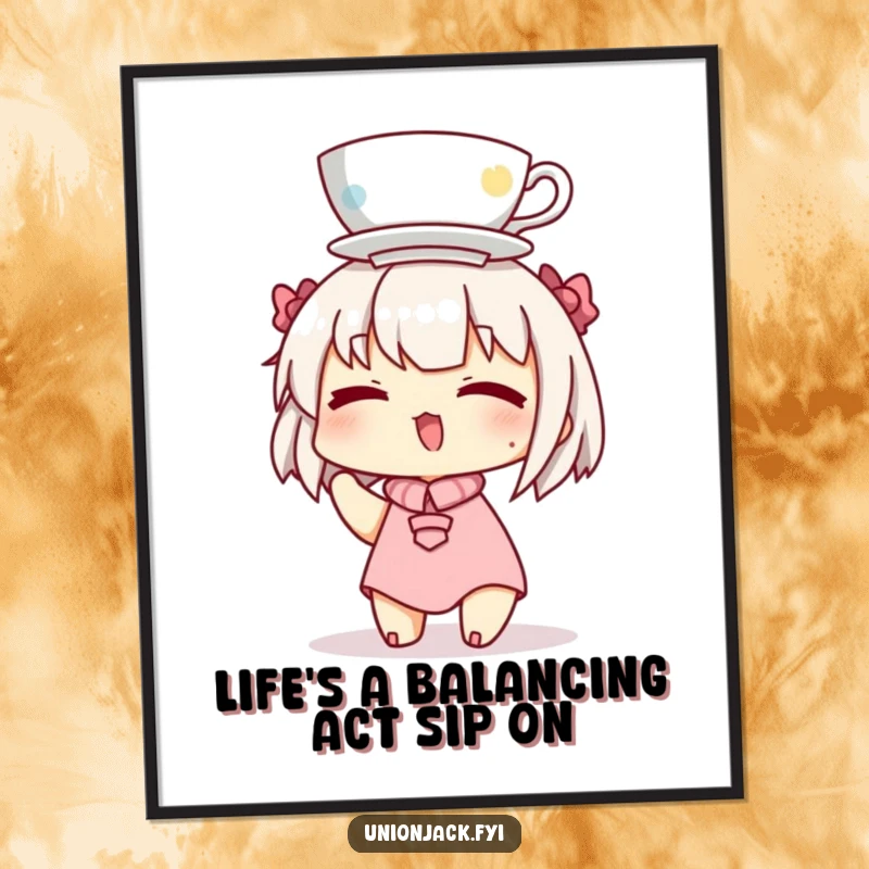 Funny Free Printable Wall Art depicting a comical character winking while perfectly balancing a teacup on their head, bringing joy.