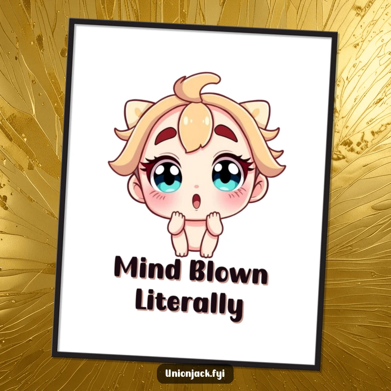 Funny Free Printable Wall Art depicting a character with comically wide eyes and raised eyebrows in surprise. Quirky downloadable decor.