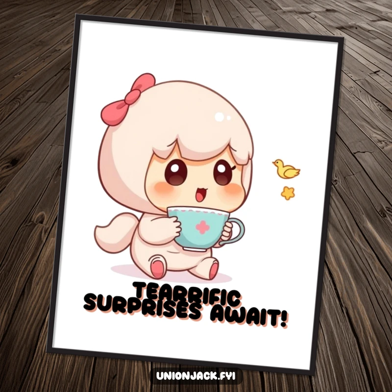 Funny Free Printable Wall Art: A cute character reacts with surprise to a small teacup flying unexpectedly.