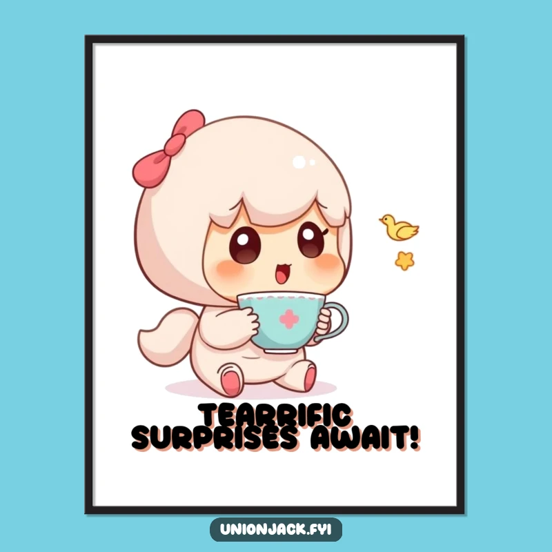 Free Printable Wall Art: Surprised Character, Flying Teacup - Quirky Downloadable Decor Gift