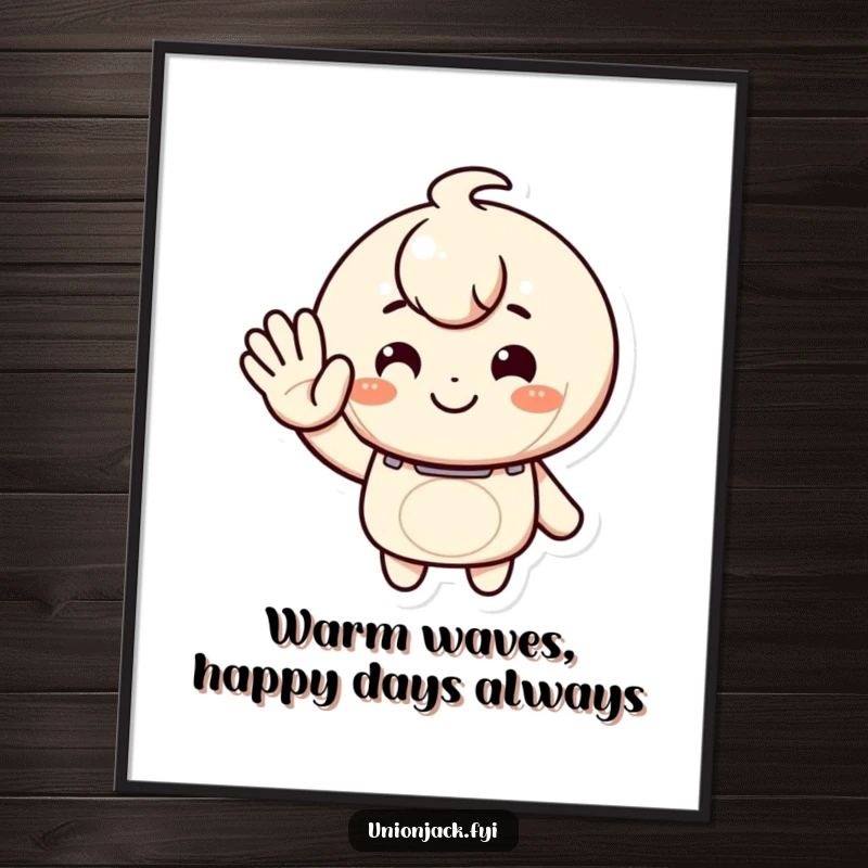 Funny Free Printable Wall Art: A character giving a warm, inviting wave with a broad smile, radiating friendly energy and cheerful welcome.