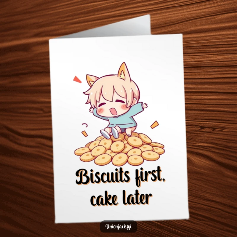 Funny Free Printable Birthday Card featuring a silly character comically tripping over a huge pile of delicious biscuits.