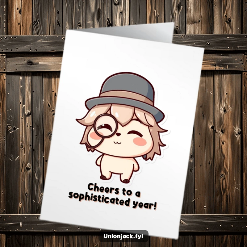 Funny Free Printable Birthday Card: Character in a bowler hat and monocle giving a charming wink, perfect for a birthday.