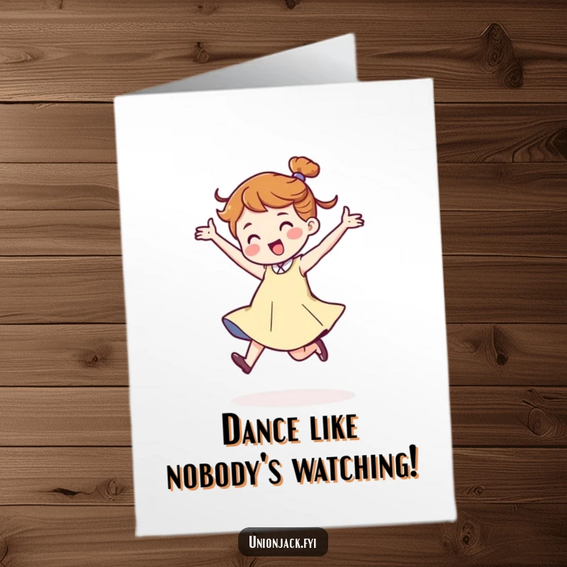 Funny free printable birthday card shows a character dancing energetically, radiating pure jubilant birthday vibes and fun.