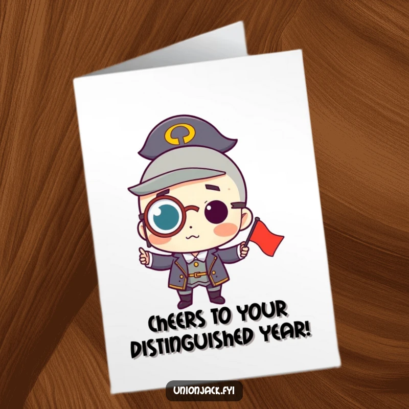 Free Printable Birthday Card: Character wearing a monocle proudly holds a small flag, a sophisticated and celebratory design.