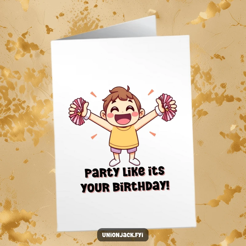 Funny Free Printable Birthday Card: Jovial character cheers with pom-poms, full of energy for a birthday celebration.