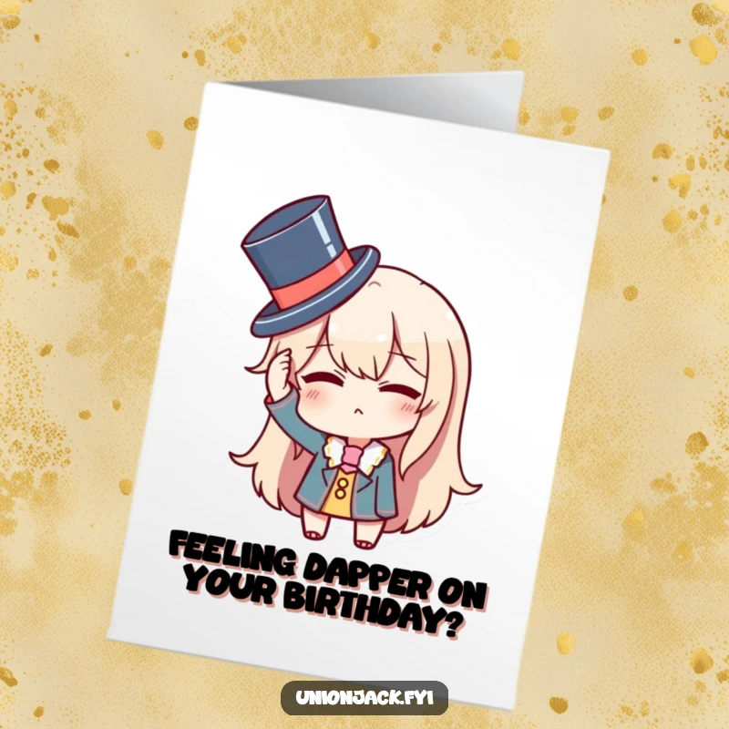 Funny Free Printable Birthday Card: Character comically adjusting a tiny top hat with a sly wink, exuding playful sophistication for a birthday.