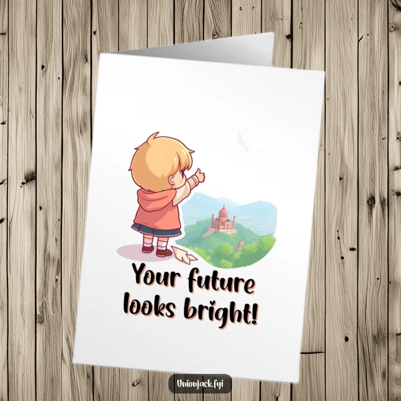 Funny Free Printable Birthday Card: Character pointing towards a distant landmark, encouraging adventure, a downloadable wish for the future.