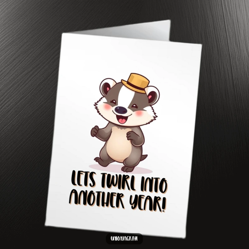 Funny free printable birthday card: A happy badger in a tiny bowler hat attempts a delightful waltz, celebrating.