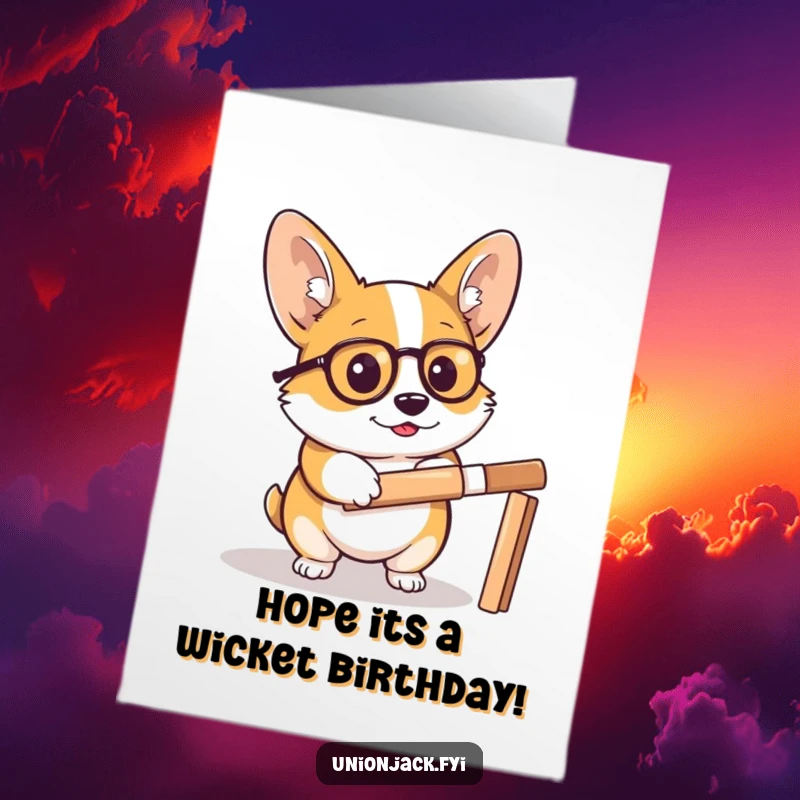 Funny free printable birthday card: A determined corgi sporting a monocle intensely plays cricket, ready for a birthday.