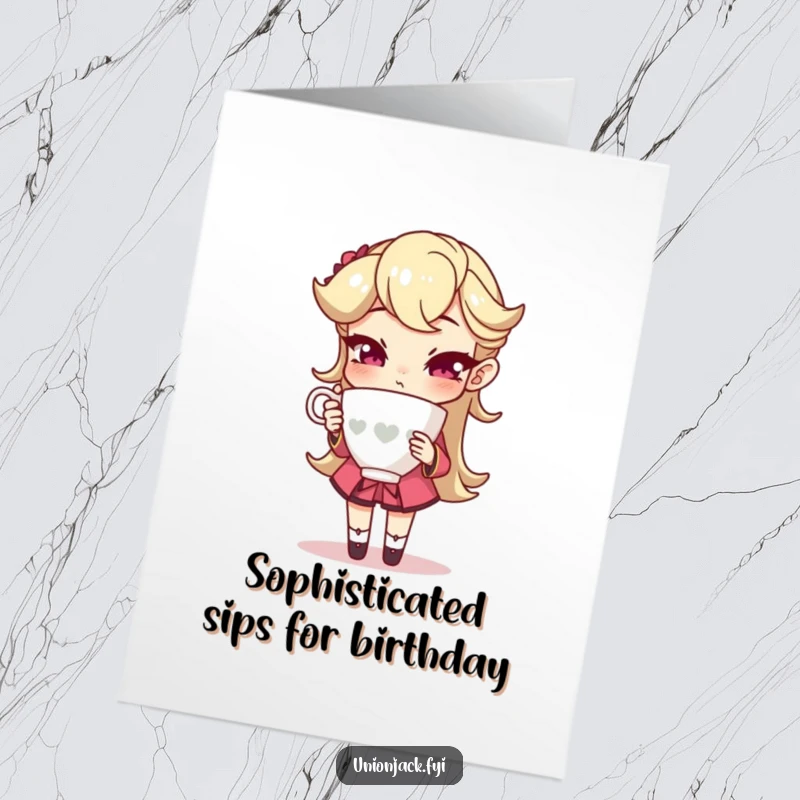 Funny Free Printable Birthday Card: Character holding a teacup in an exaggeratedly sophisticated pose, wishing a very proper and funny birthday.