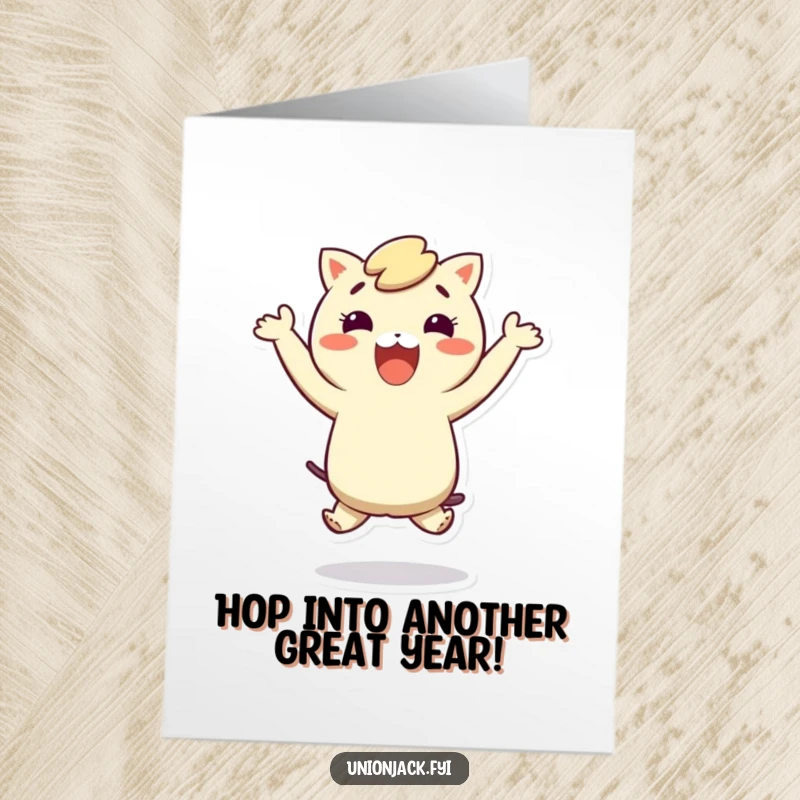 Funny Free Printable Birthday Card: Joyful character doing a silly hop, spreading birthday cheer, perfect for instant downloads.