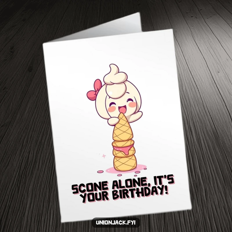 Funny Free Printable Birthday Card: Character giggling excitedly while balancing a tall tower of delicious scones precariously.