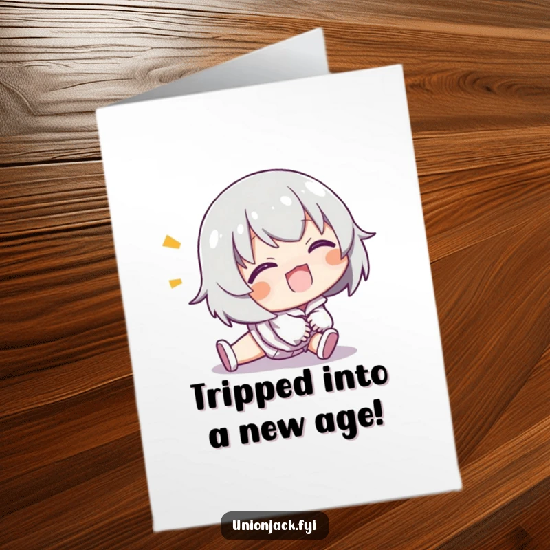 Funny Free Printable Birthday Card: Character comically tripping but grinning, showing resilience and humor, a downloadable laugh.