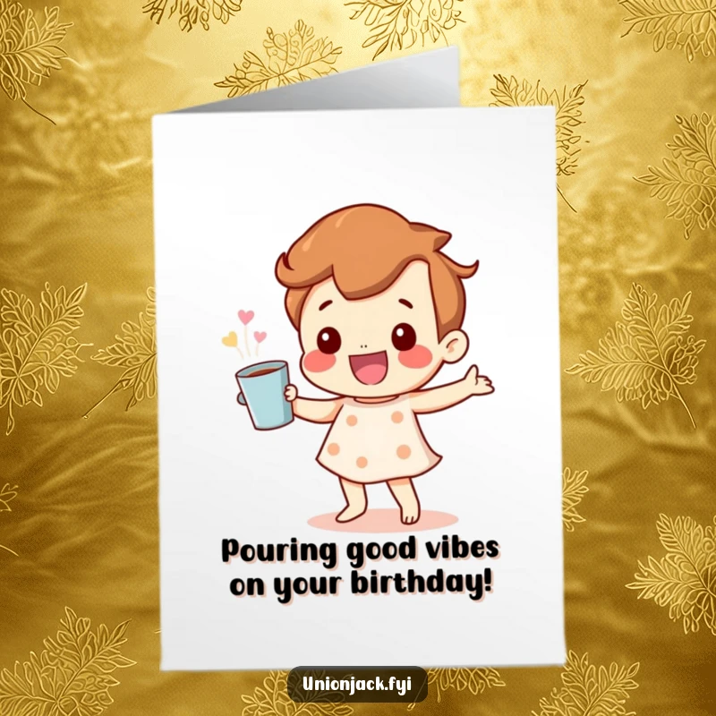 Funny Free Printable Birthday Card: A happy character dances joyfully with a cup of tea, ideal for birthdays.