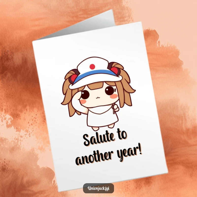 Funny Free Printable Birthday Card: A cute character proudly salutes with a tiny flag, celebrating your special day.