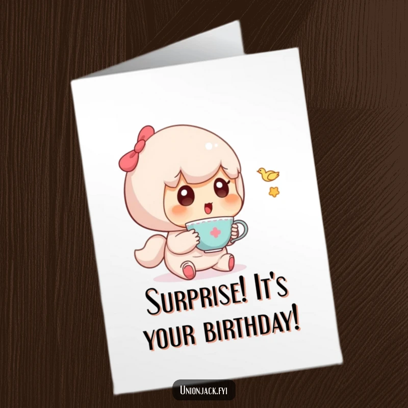 Funny Free Printable Birthday Card with a cute character startled by a tiny teacup flying through the air.