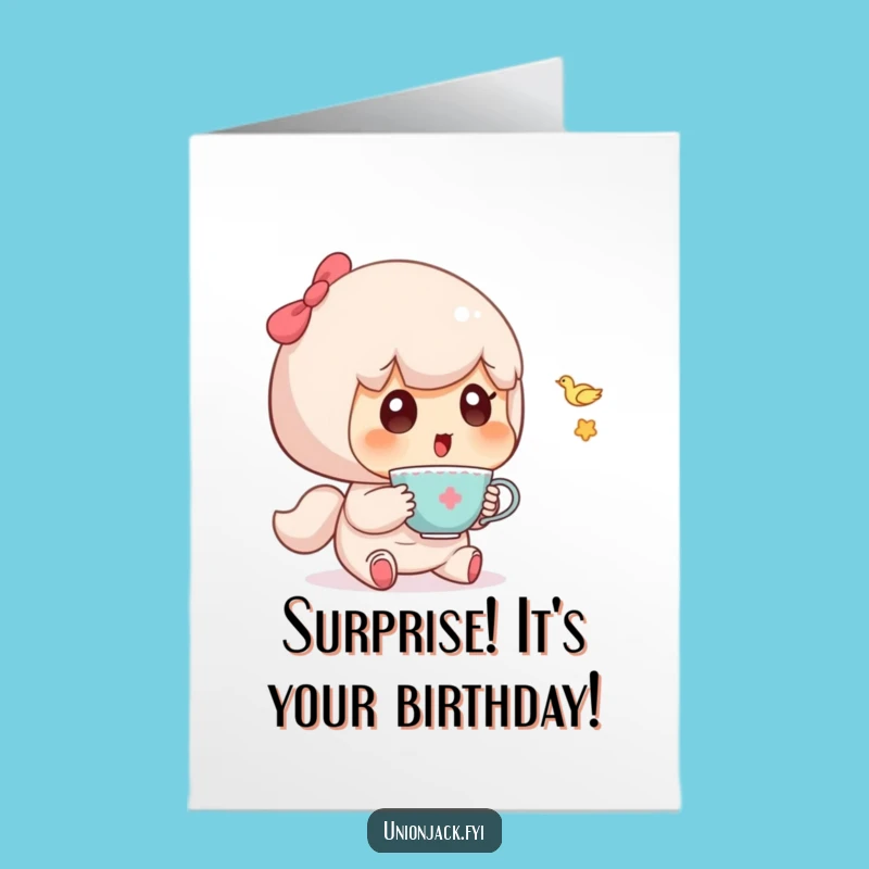 Free Printable Birthday Card: Surprised Character & Flying Teacup - Funny Downloadable Gift Idea