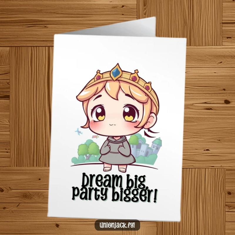 Funny Free Printable Birthday Card featuring a character with wide eyes gazing longingly at a distant, majestic castle, dreaming of adventure.