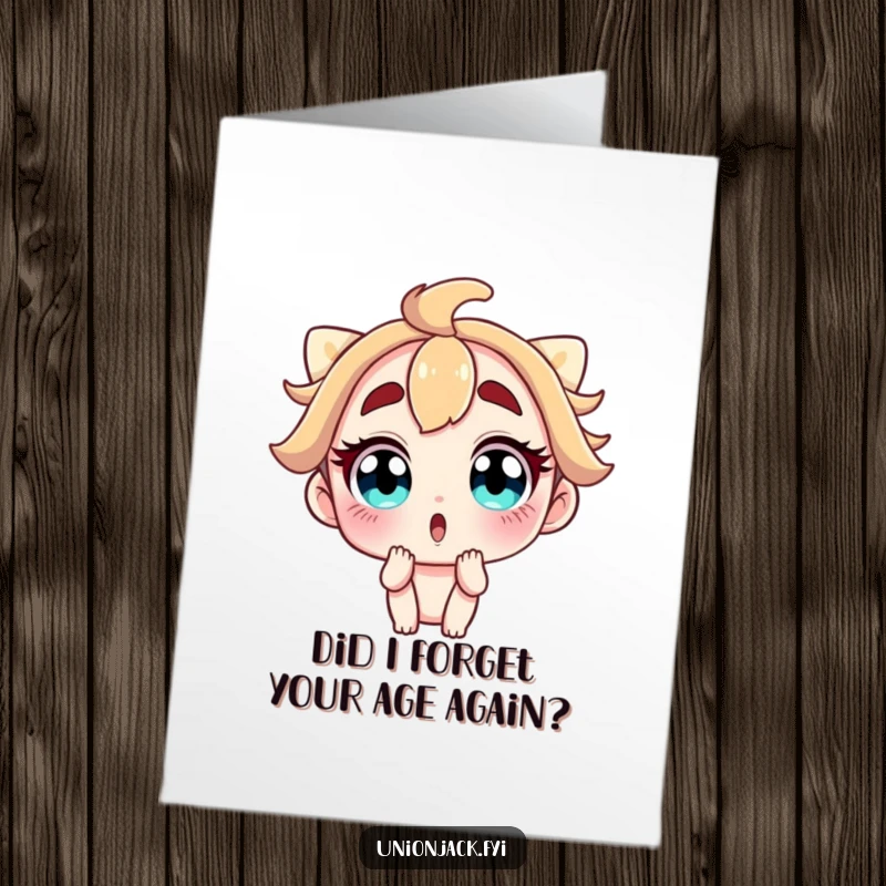 Funny Free Printable Birthday Card featuring a wide-eyed character with raised eyebrows, comically shocked. DIY downloadable greeting.