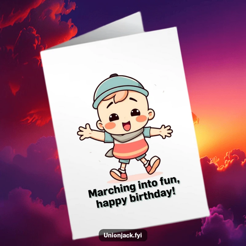 Funny Free Printable Birthday Card: Character doing a silly march with exaggerated steps, celebrating a birthday with gusto.